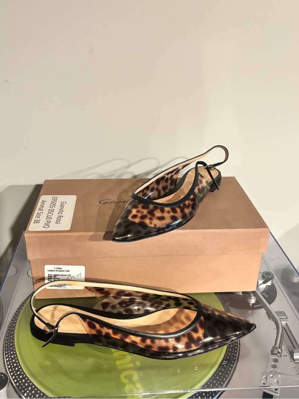 NIB Gianvito Rossi Jen Plexi Leopard Print PVC Leather Trim Slingback Flats 38